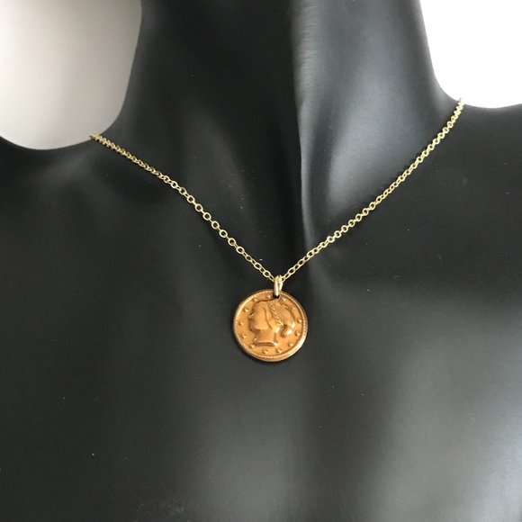 Vintage French Italian Coin Charm Necklace Gold Plated Wire France Italy Lady - Picture 3 of 9